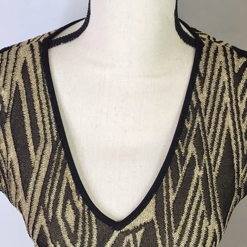 LAUREN Ralph Lauren Gold Black Metallic Cold Shoulder Short Sleeve Sweater XS